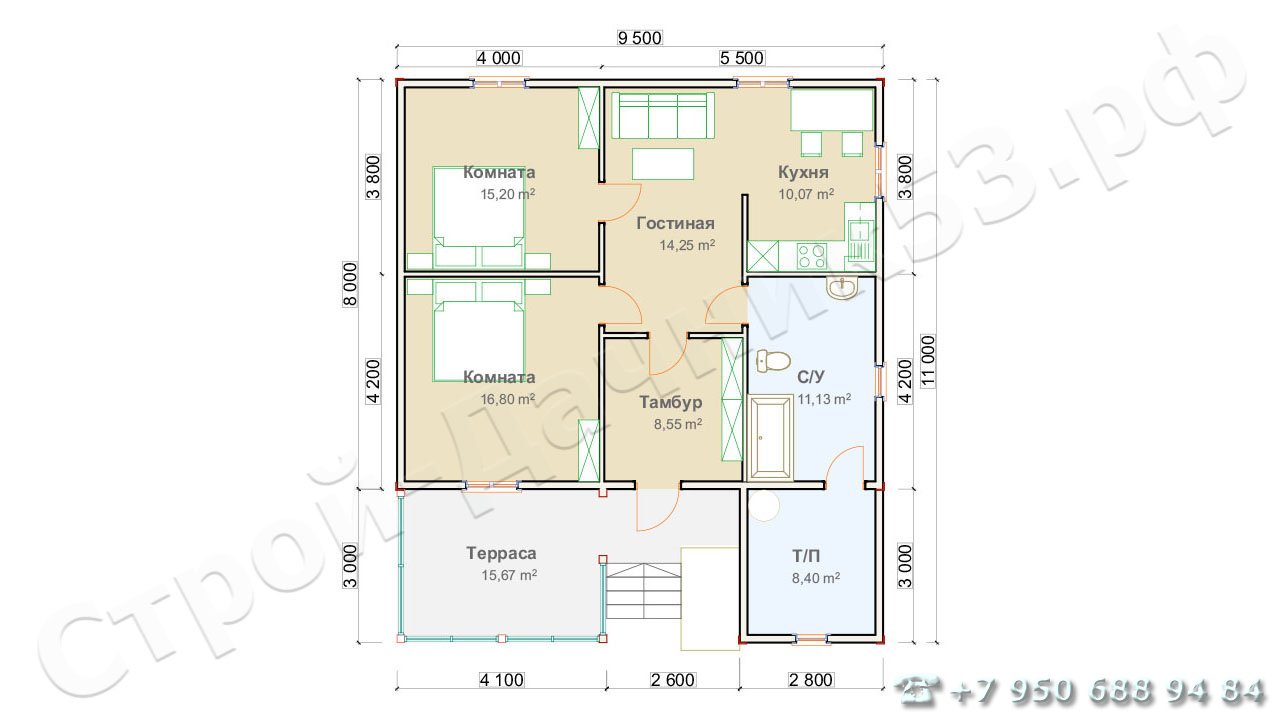 Проект дома ОД–54, план 1-го этажа
