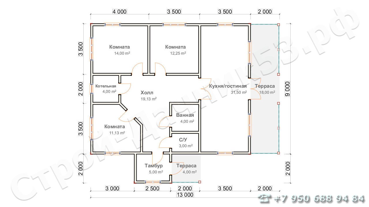Проект каркасно-щитового дома Д–40, план 1-го этажа