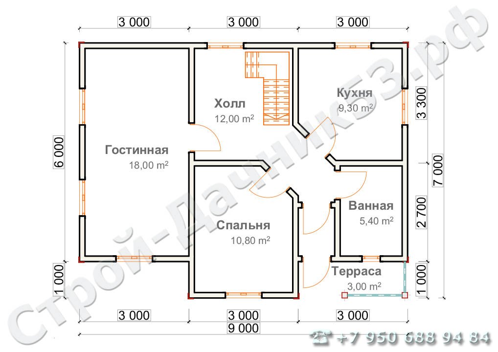 Проект каркасно-щитового дома Д–10, план 1-го этажа